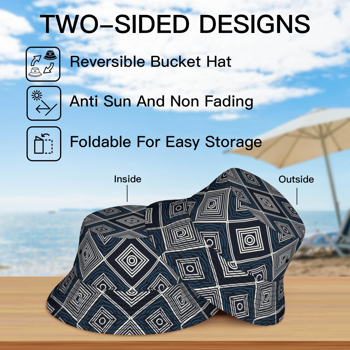 Navy Blue Geometric Shapes Double-Sided Unisex Polyester Bucket Hat