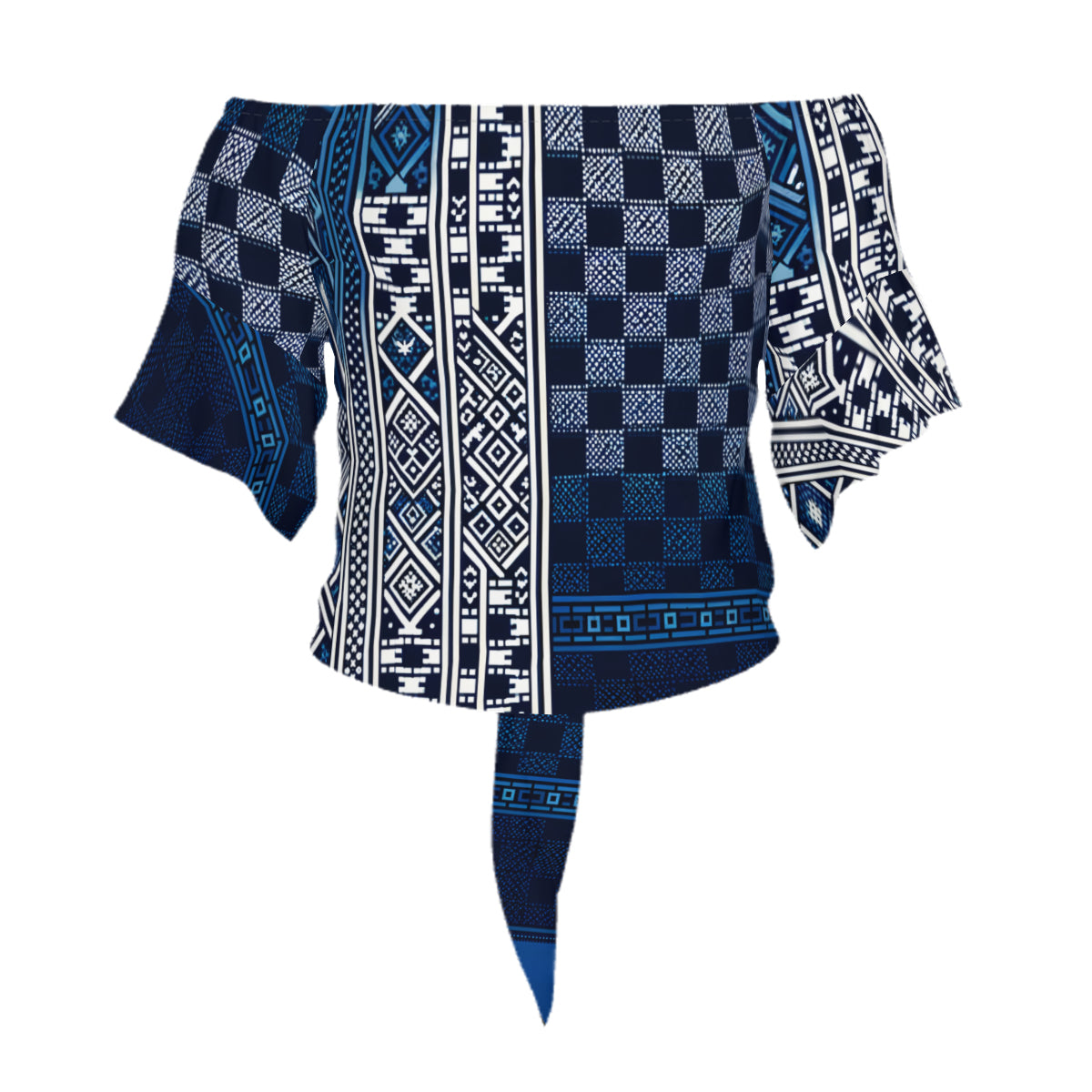 Blue Check One-Shoulder Tie Short Sleeves