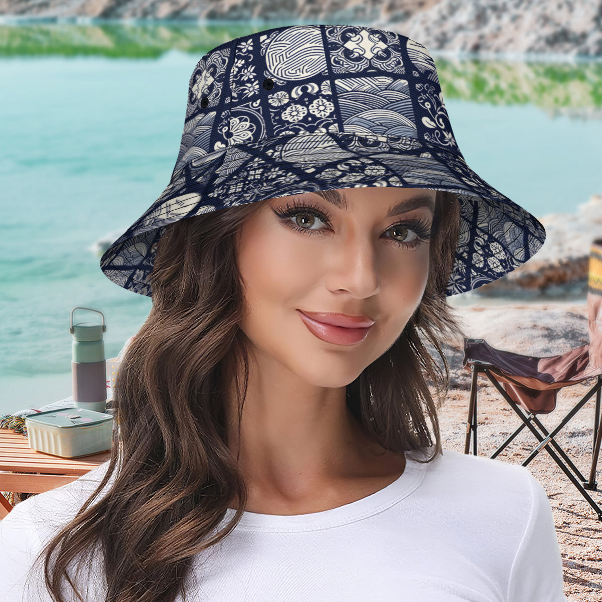 Navy Blue Geometric Shapes Double-Sided Unisex Polyester Bucket Hat
