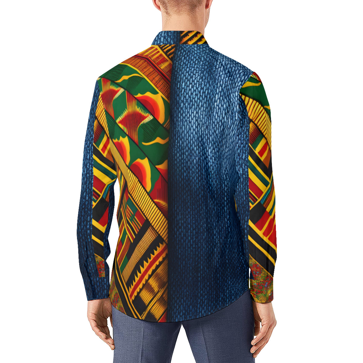 Kente Denim Style Classic Long Sleeves Men's Shirt