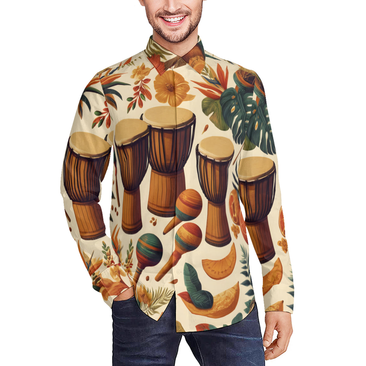 Floral Drums Long Sleeves Men's Shirt