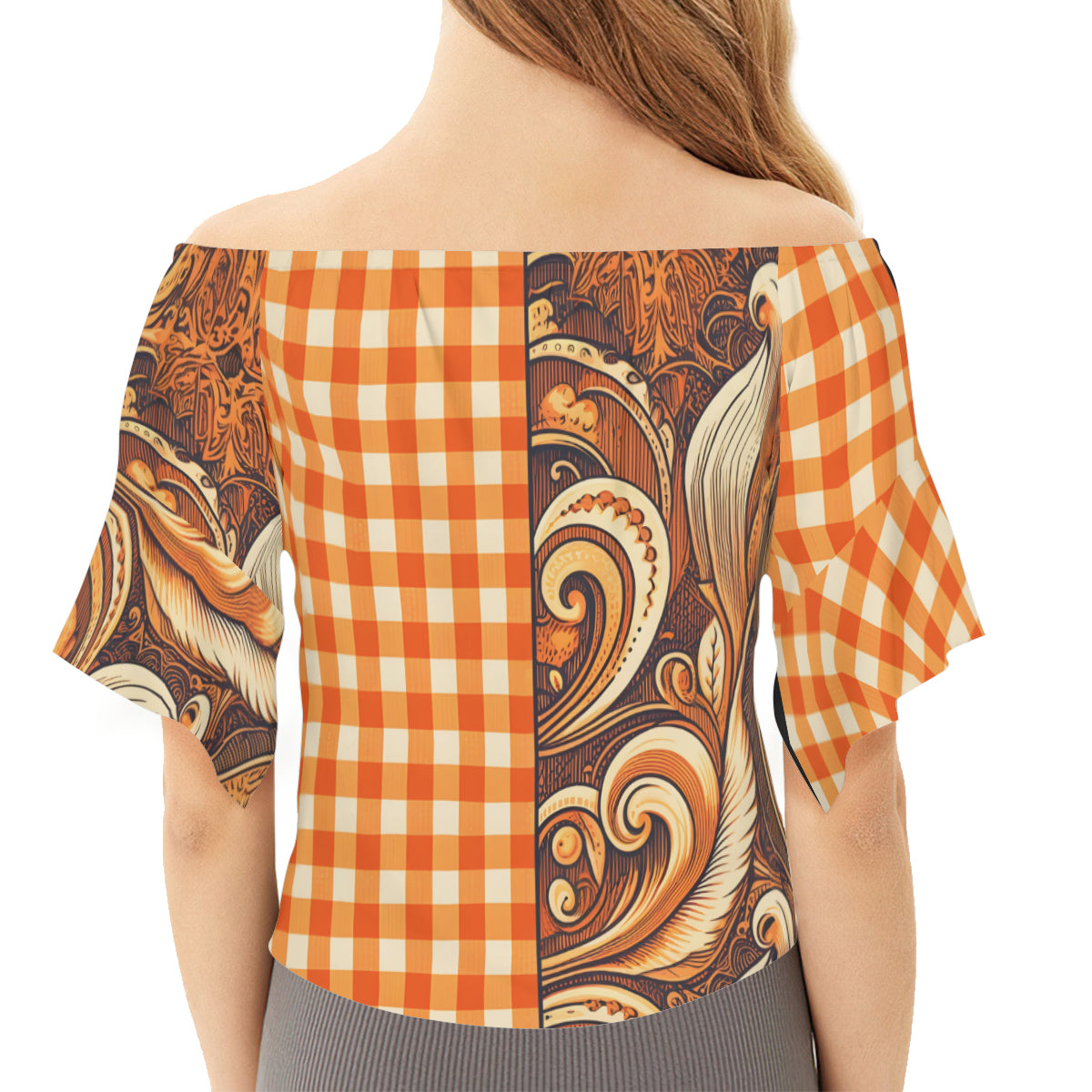 Orange Check One-Shoulder Tie Short Sleeves