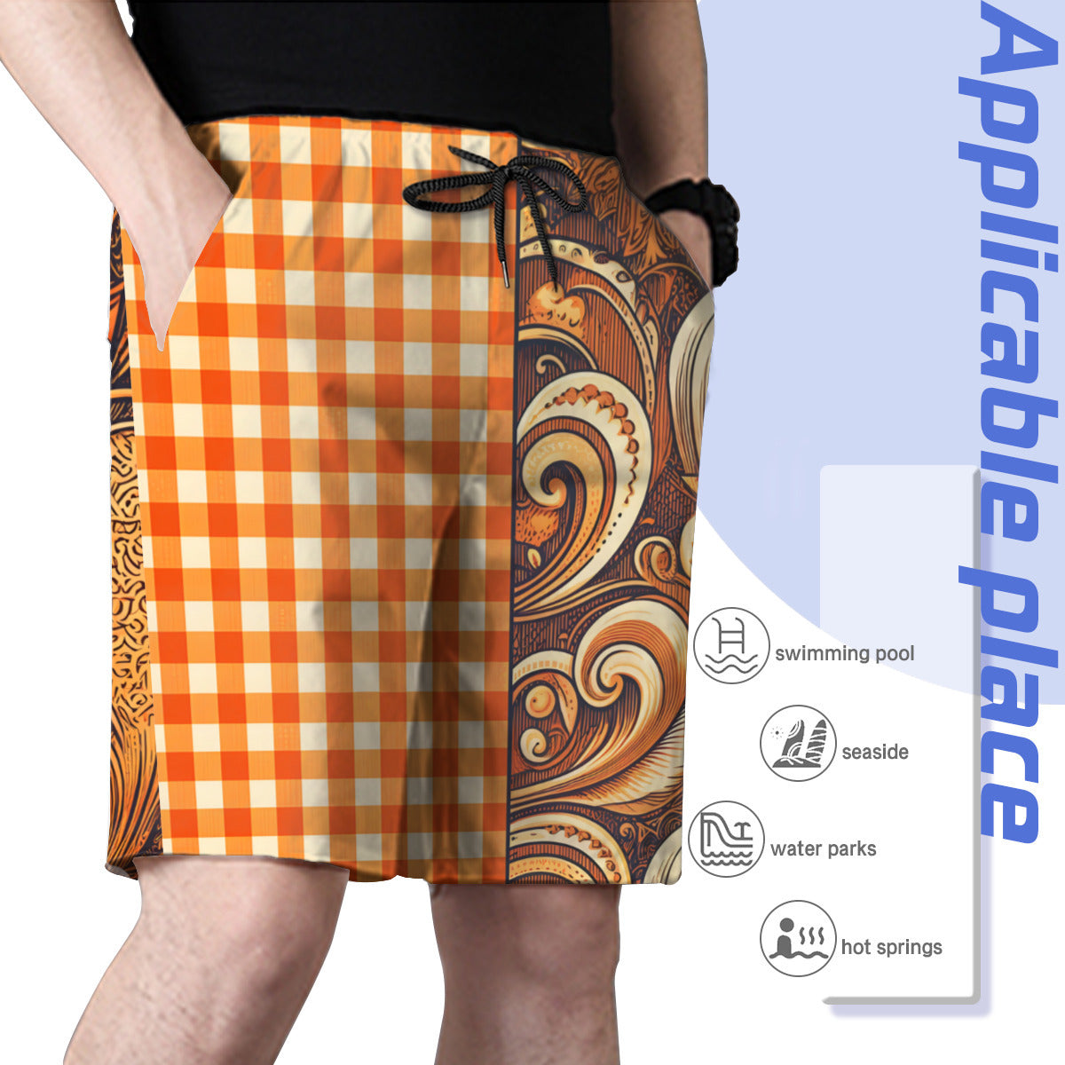 Orange Check Men's Beach Shorts (Not Mesh Lined) | Polyester