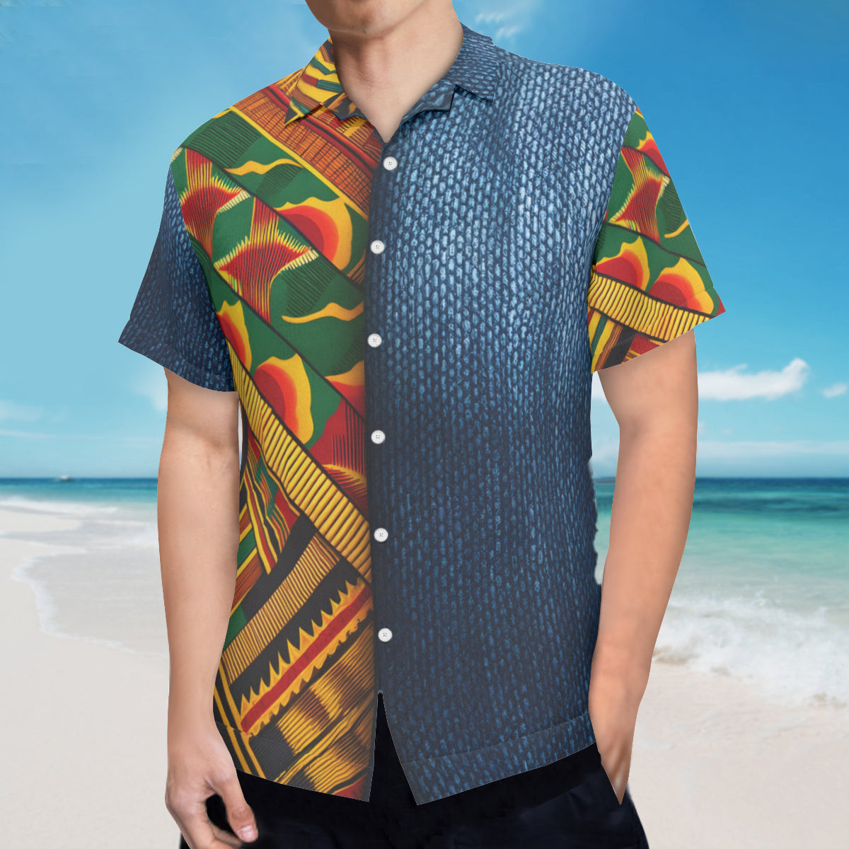 Kente Denim Style Short Sleeves Men's Shirt
