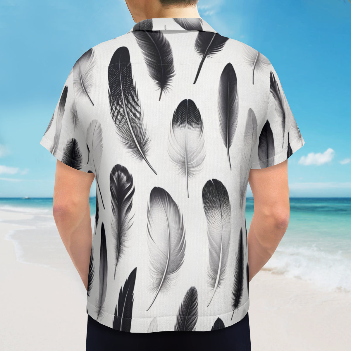 Black And White Feather Short Sleeves Men's Shirt