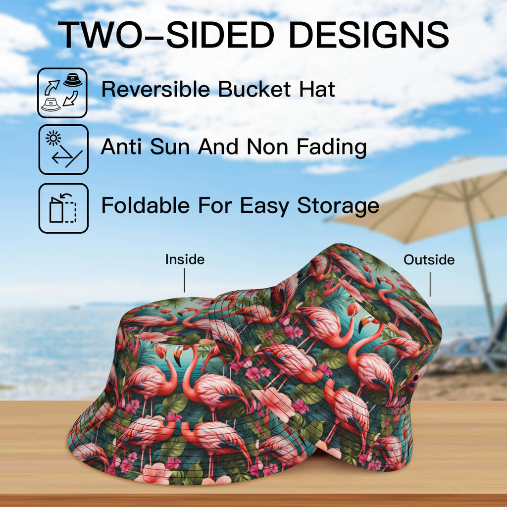 Pink Flamingo Double-Sided Unisex Polyester Bucket Hat