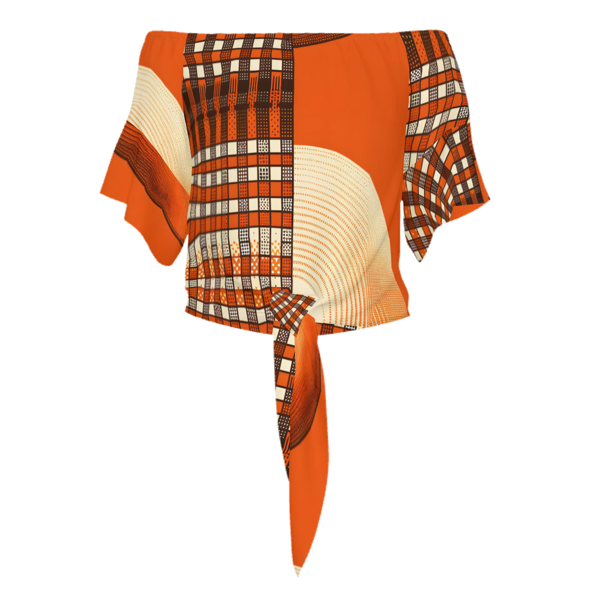 Orange Check One-Shoulder Tie Short Sleeves