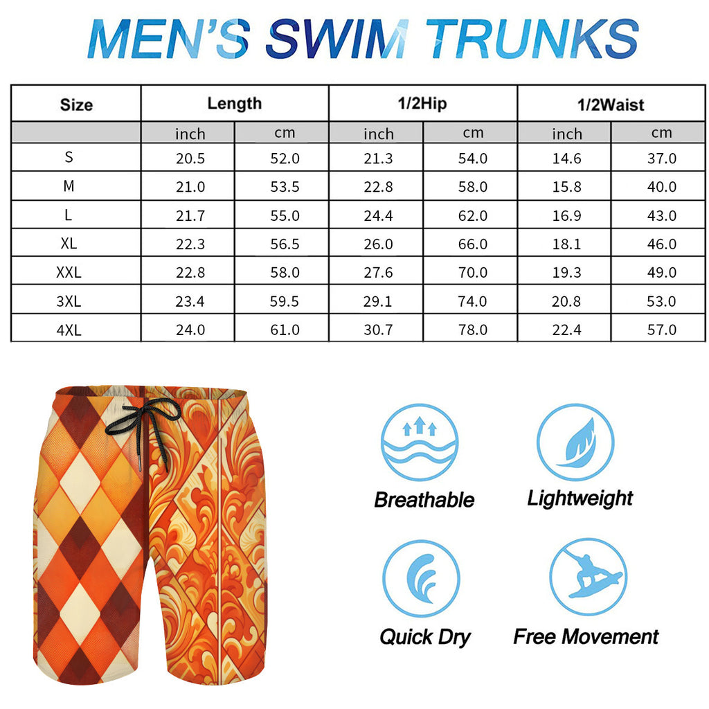 Orange Check Men's Beach Shorts (Not Mesh Lined) | Polyester