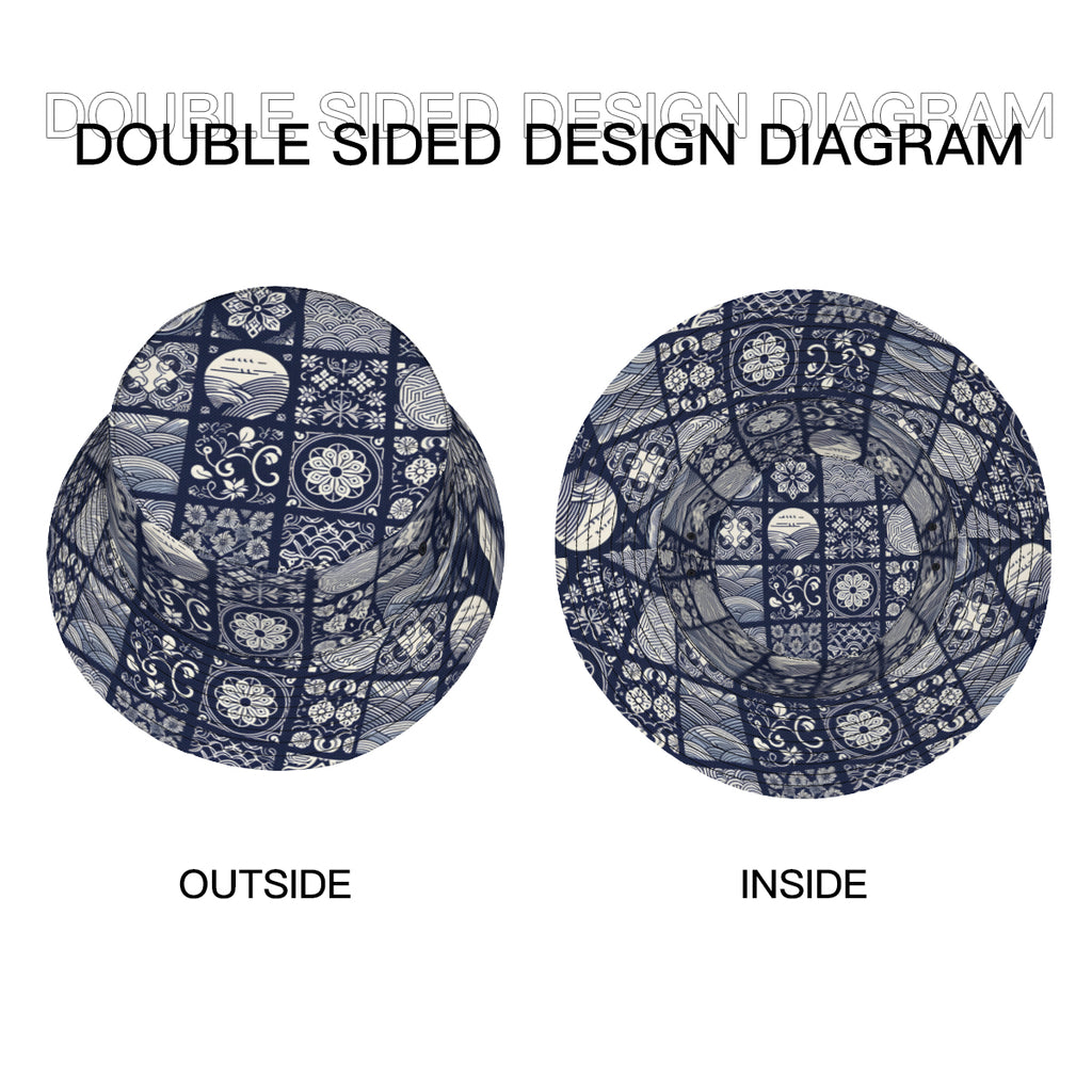 Navy Blue Geometric Shapes Double-Sided Unisex Polyester Bucket Hat