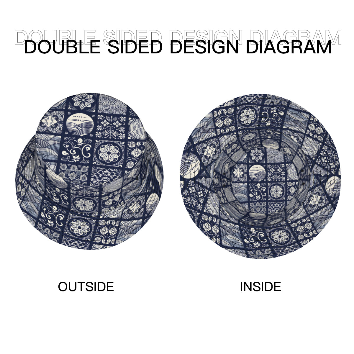 Navy Blue Geometric Shapes Double-Sided Unisex Polyester Bucket Hat