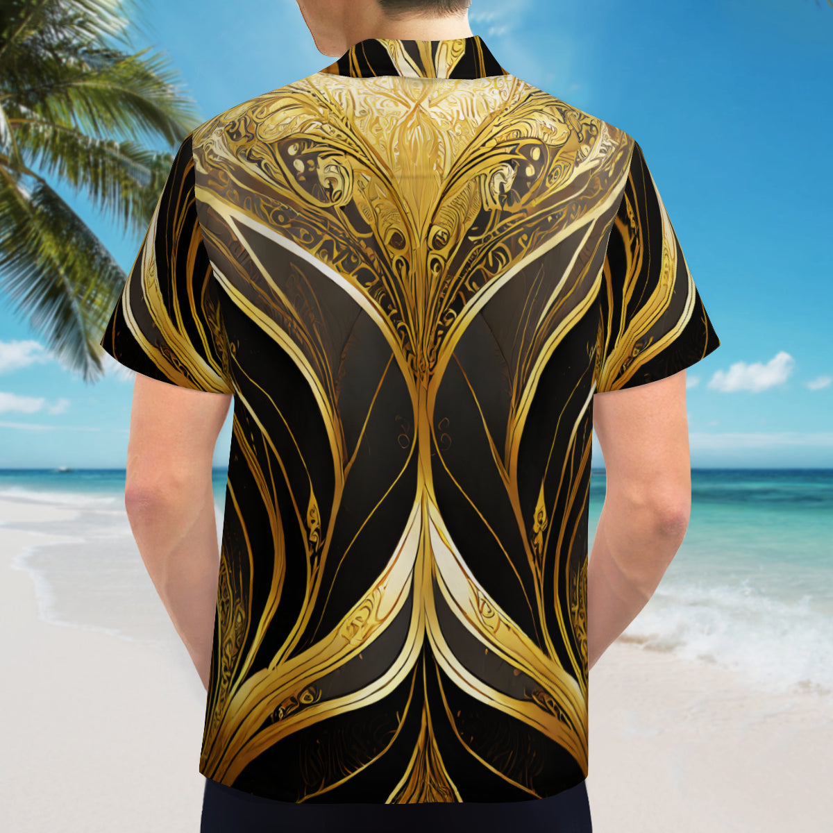 Elegant Black And Gold Short Sleeves Men's Shirt