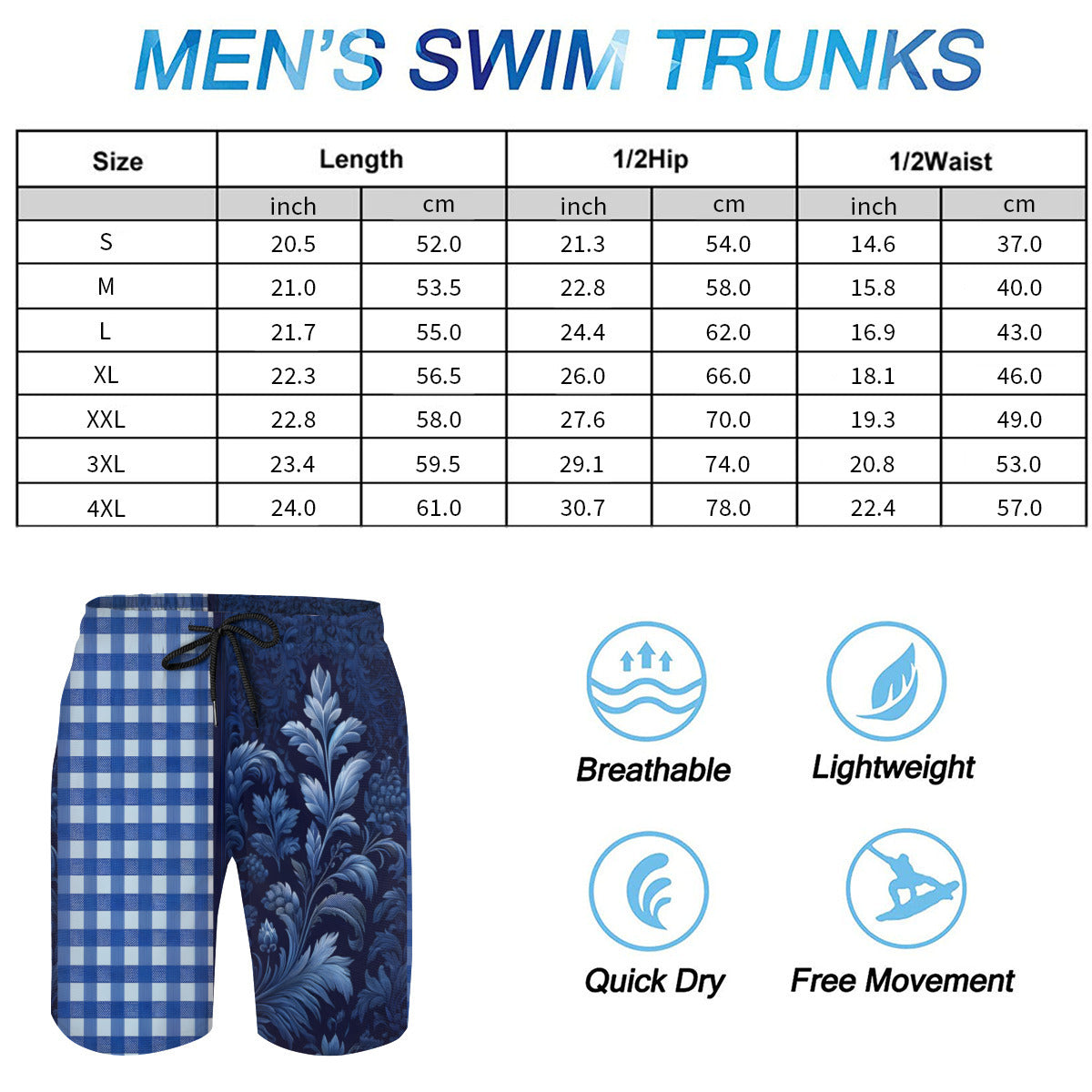 Blue Check Men's Beach Shorts (Not Mesh Lined) | Polyester