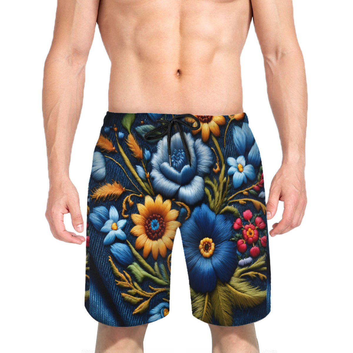 Floral Denim Men's Beach Shorts (Not Mesh Lined) | Polyester