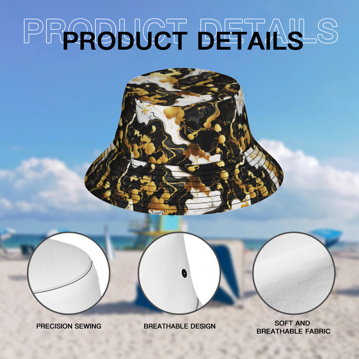 Marble Gold Black Double-Sided Unisex Polyester Bucket Hat