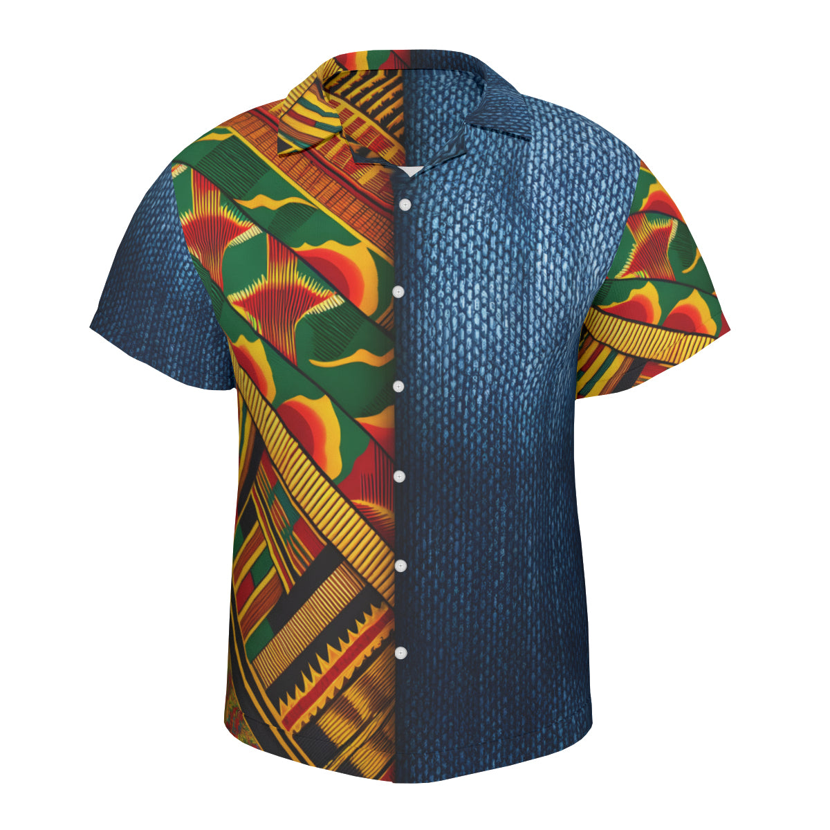Kente Denim Style Short Sleeves Men's Shirt