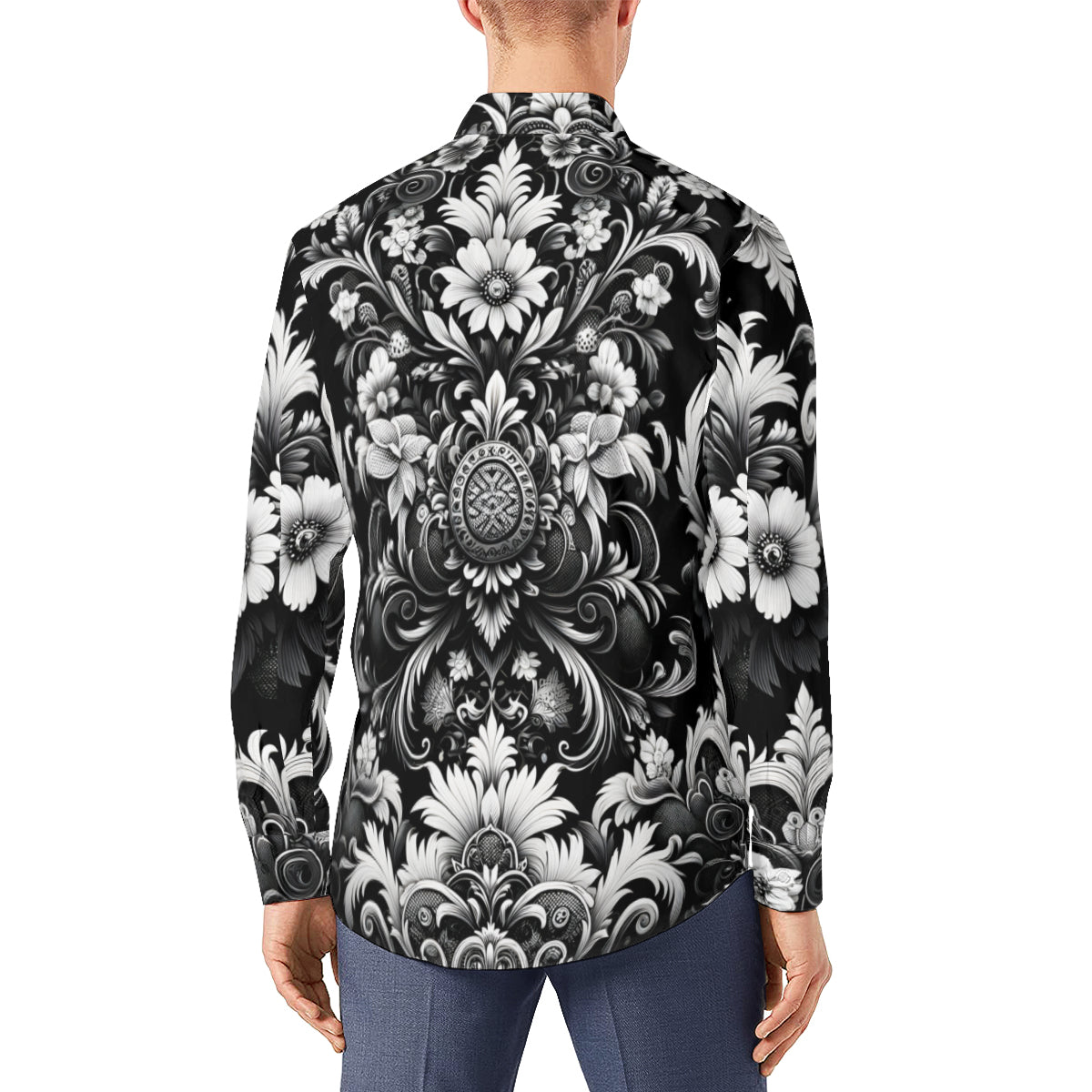 Black And White Floral Long Sleeves Men's Shirt