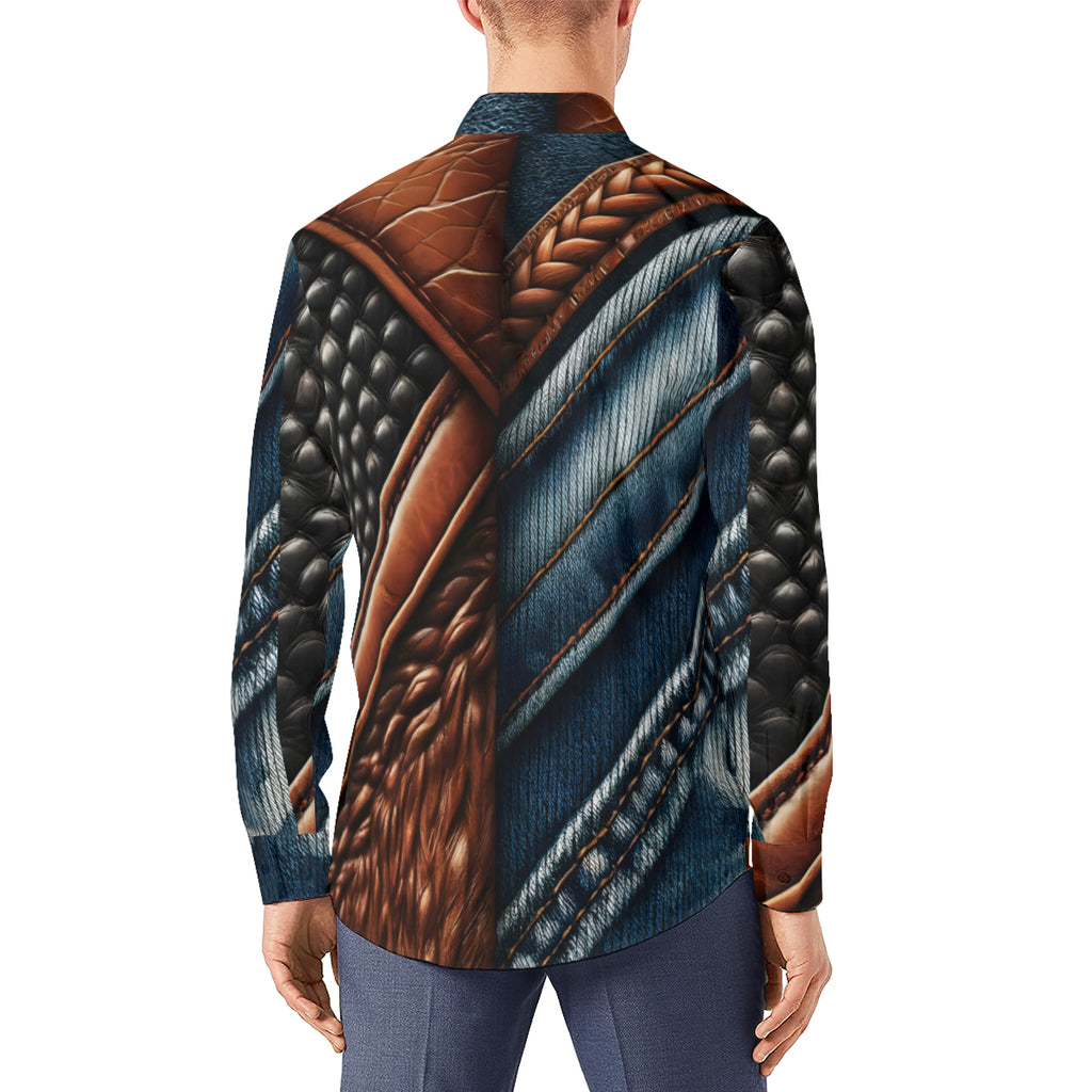 Denim And Leather Design Long Sleeves Men's Shirt