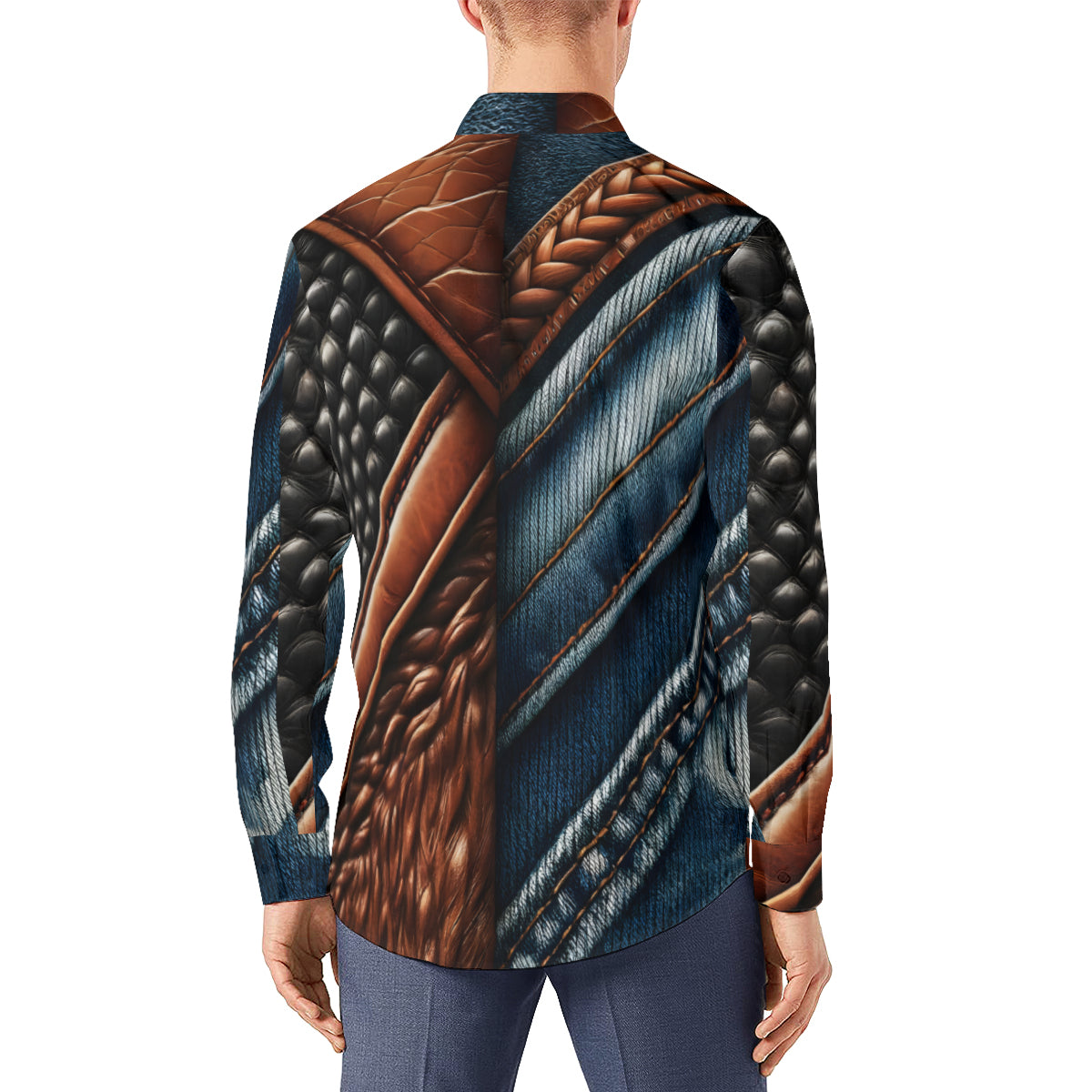 Denim And Leather Design Long Sleeves Men's Shirt