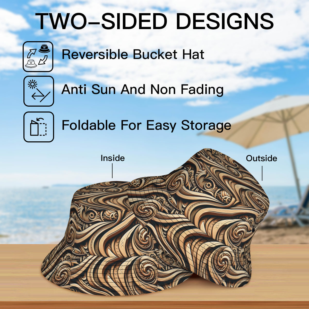 Abstract Wooden Pattern Double-Sided Unisex Polyester Bucket Hat