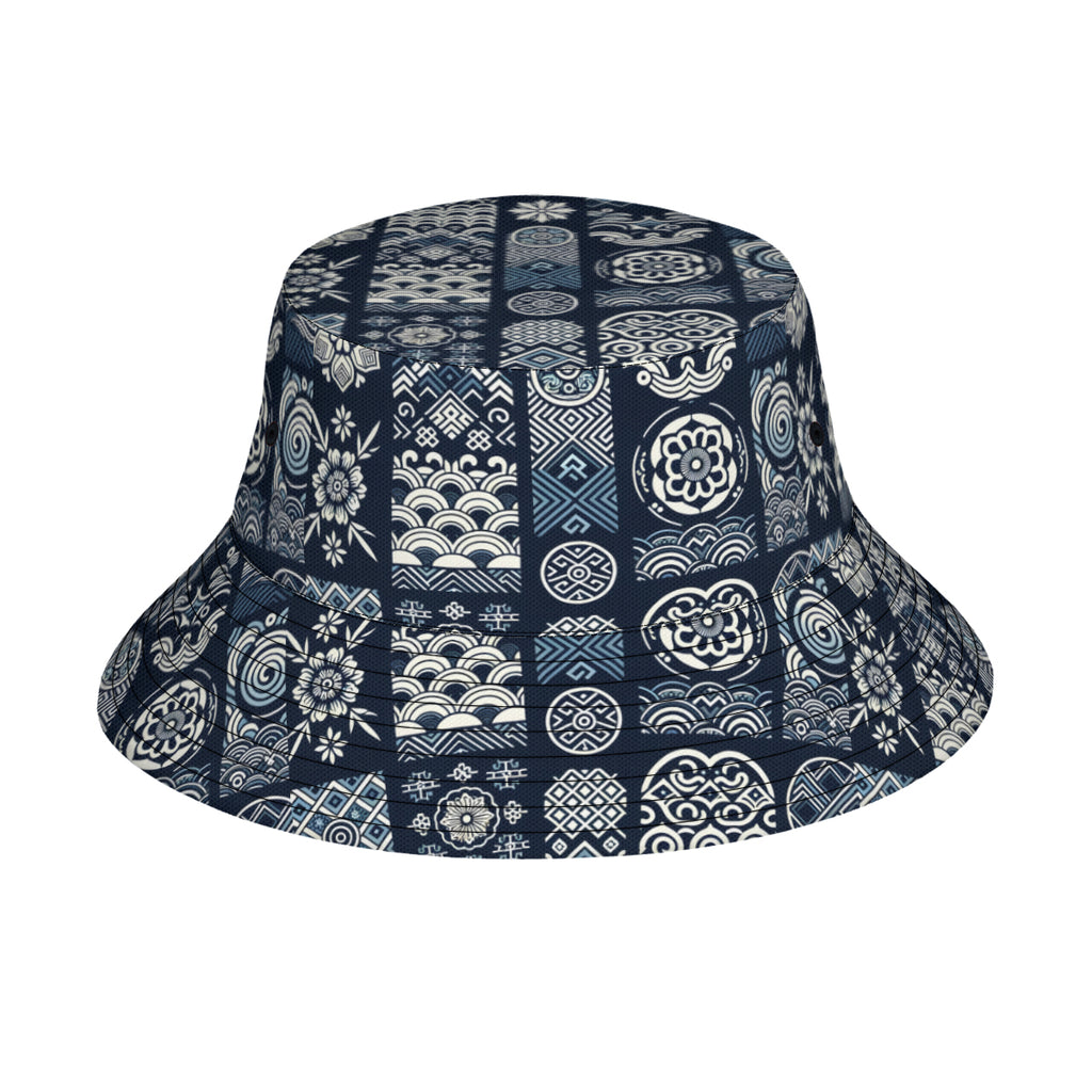 Navy Blue Geometric Shapes Double-Sided Unisex Polyester Bucket Hat