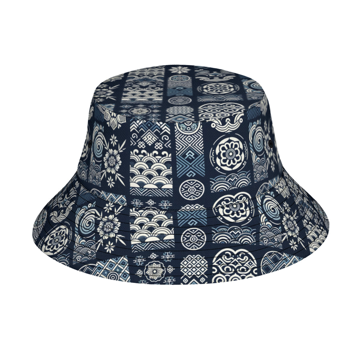 Navy Blue Geometric Shapes Double-Sided Unisex Polyester Bucket Hat