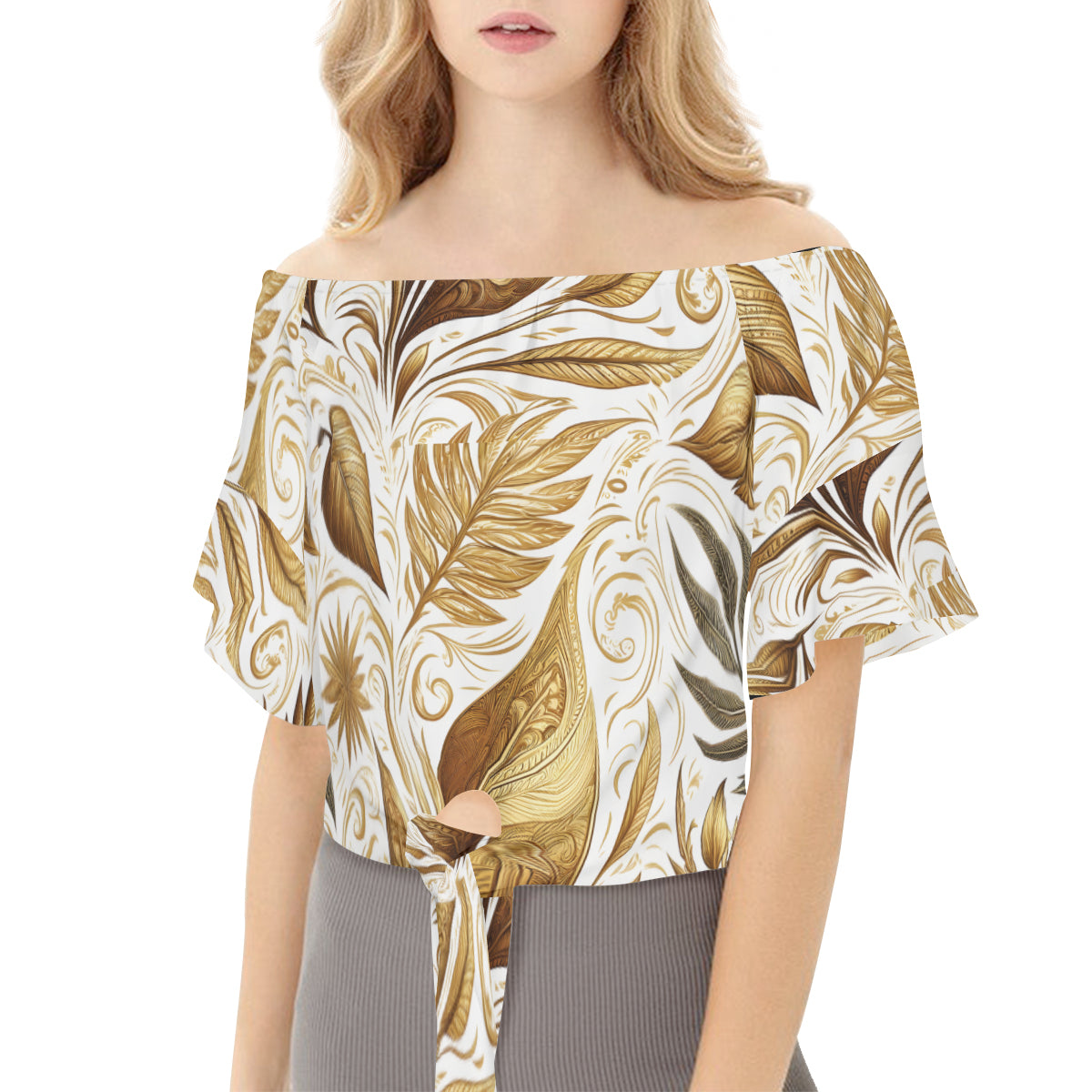 Golden Feathers Women's One-shoulder Tie Short Sleeves | Polyester