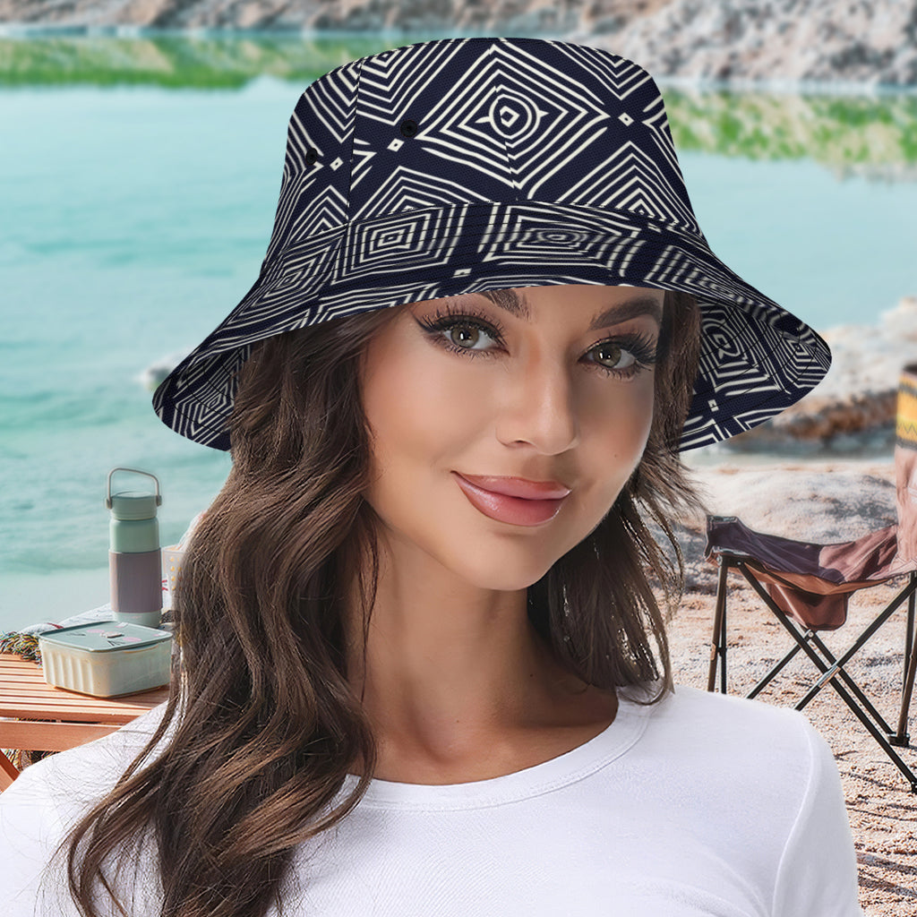 Navy Blue Geometric Shapes Double-Sided Unisex Polyester Bucket Hat
