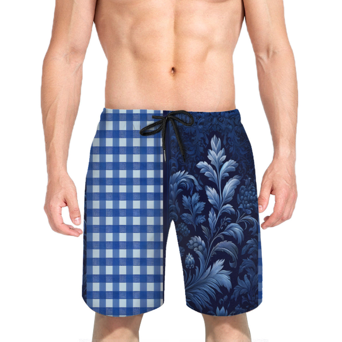 Blue Check Men's Beach Shorts (Not Mesh Lined) | Polyester