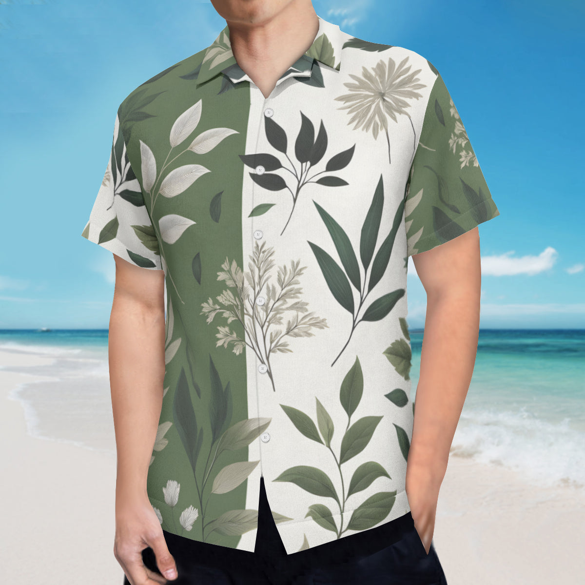 Olive Green Botanical Short Sleeves Men's Shirt