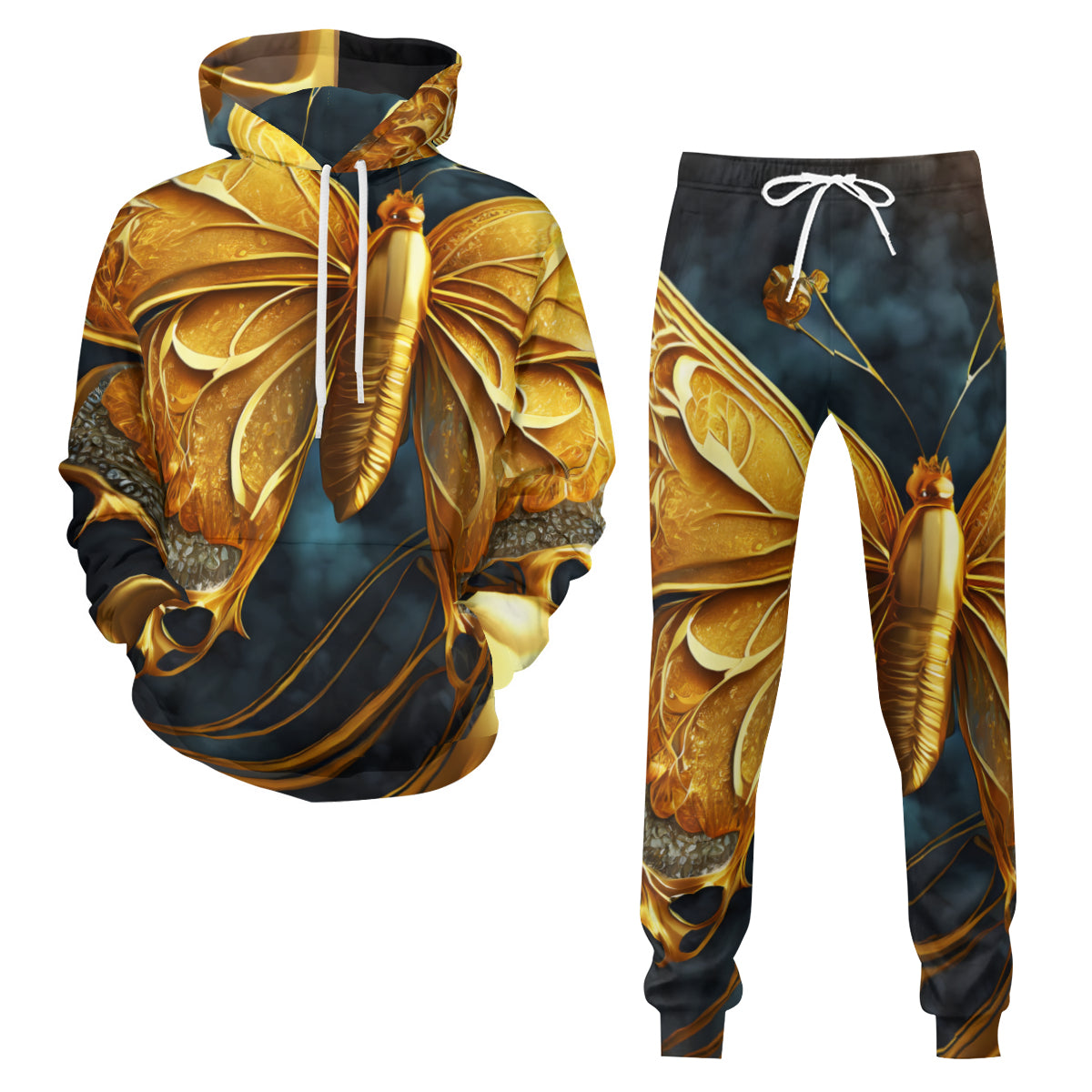3D Golden Butterfly Men's Adult Hoodie Set (Double-Layer Hood) | Health Fabric
