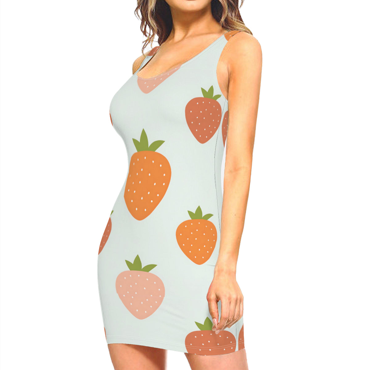 Strawberries Sleeveless Slim-Fit Euro-Size Tank Slip Dress | Polyester