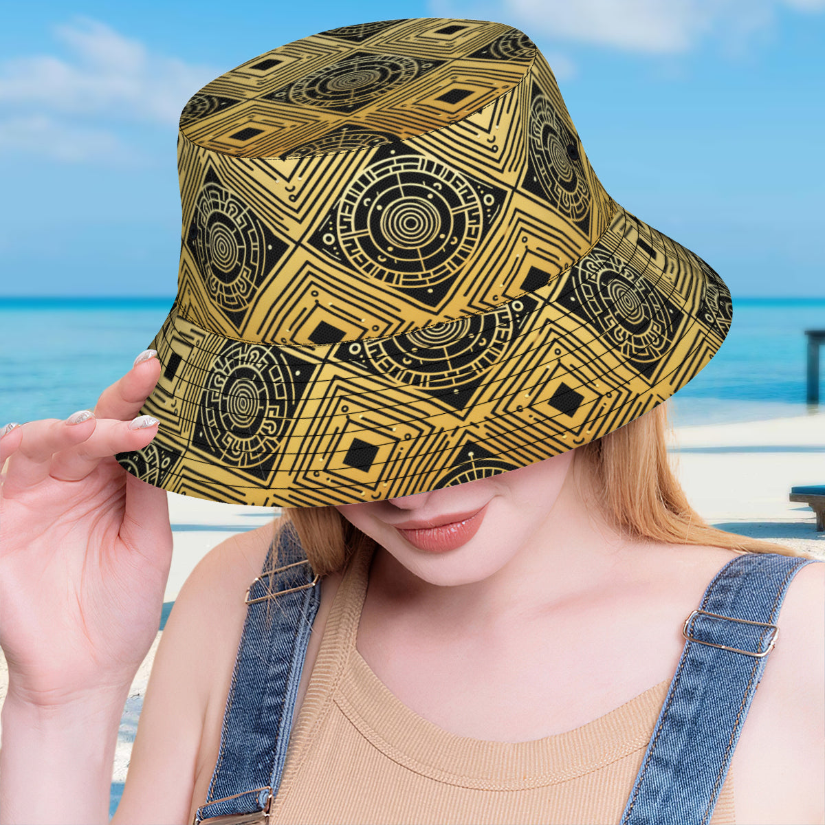 Golden Geometric Shapes Double-Sided Unisex Polyester Bucket Hat