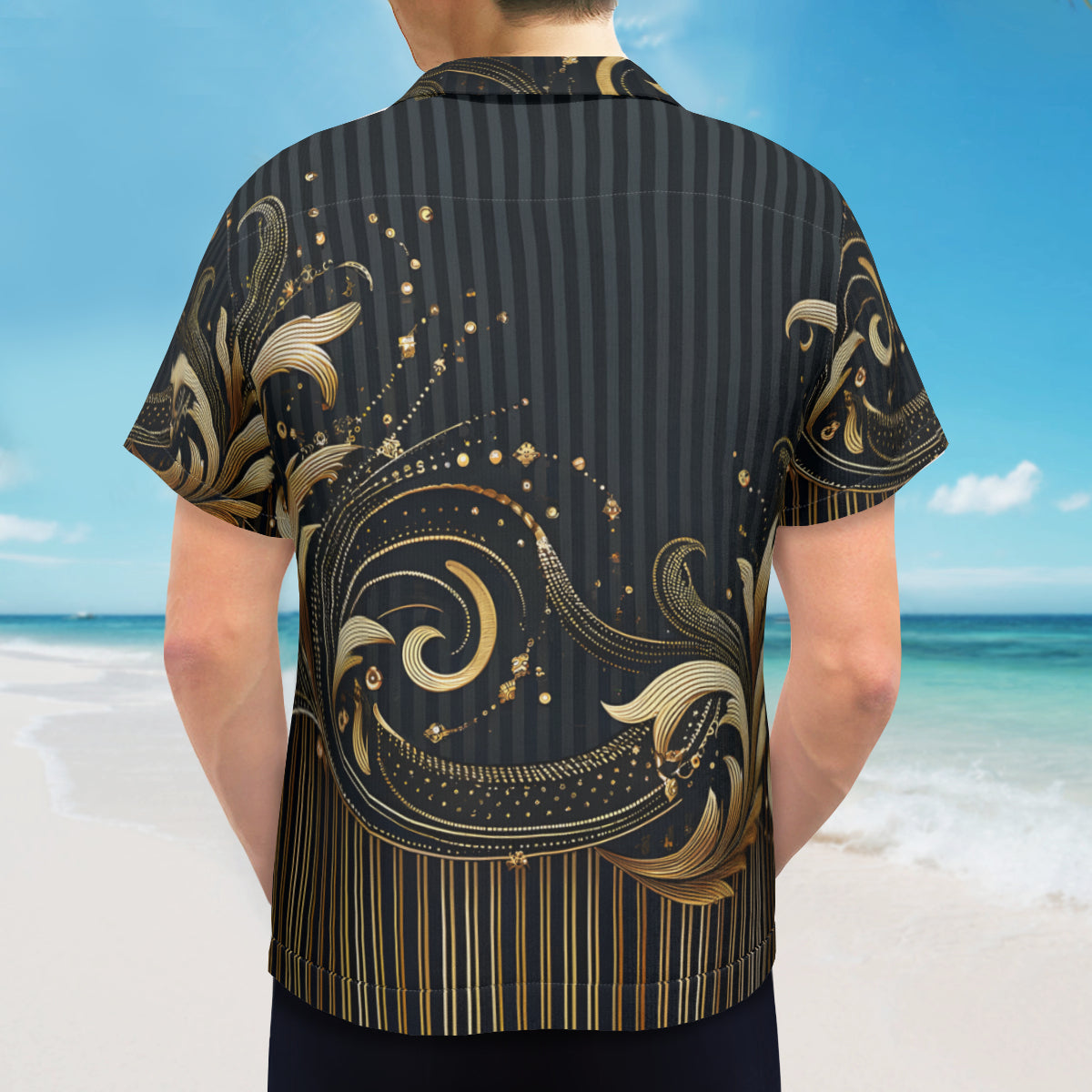 Elegant Black And Gold Short Sleeves Men's Shirt
