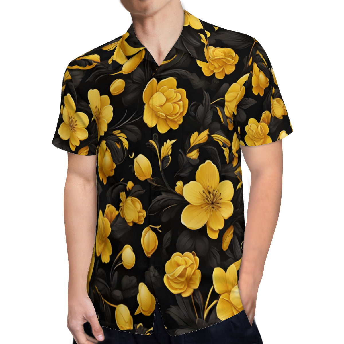 Yellow And Black Floral Short Sleeves Men's Shirt