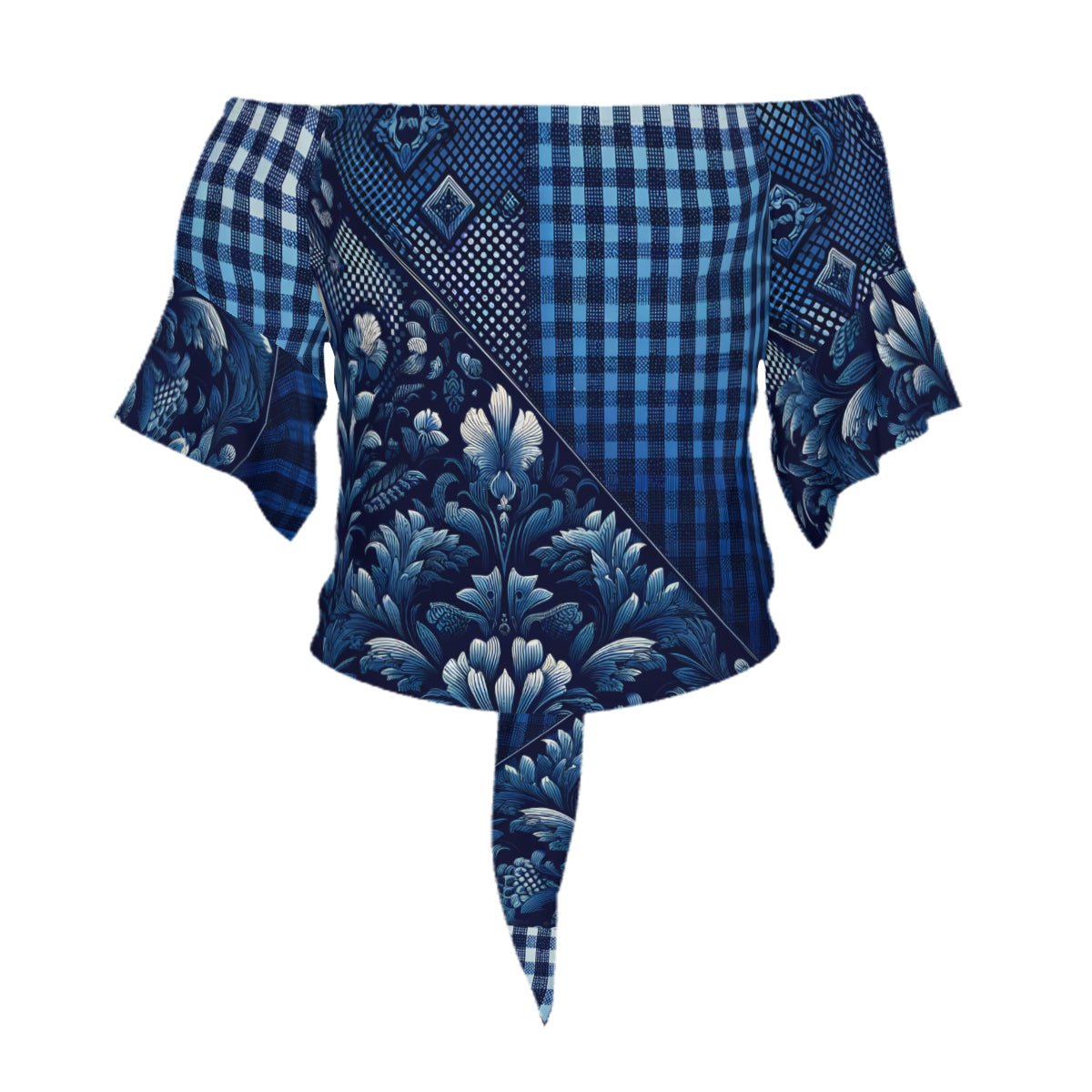 Blue Check One-Shoulder Tie Short Sleeves