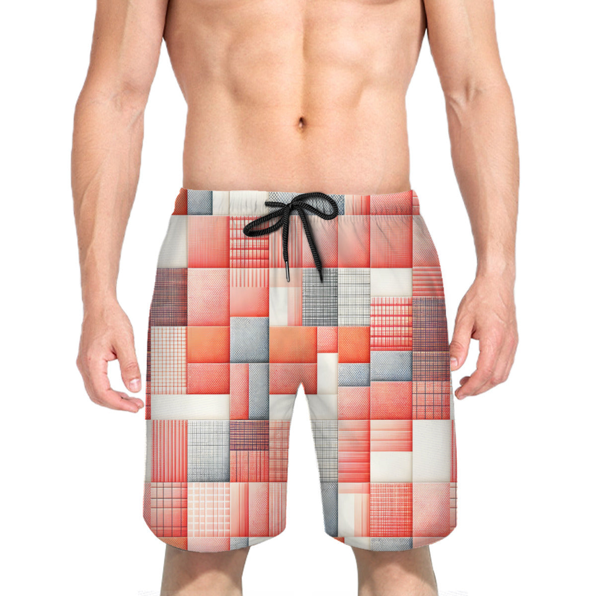 Pink Check Men's Beach Shorts (Not Mesh Lined) | Polyester