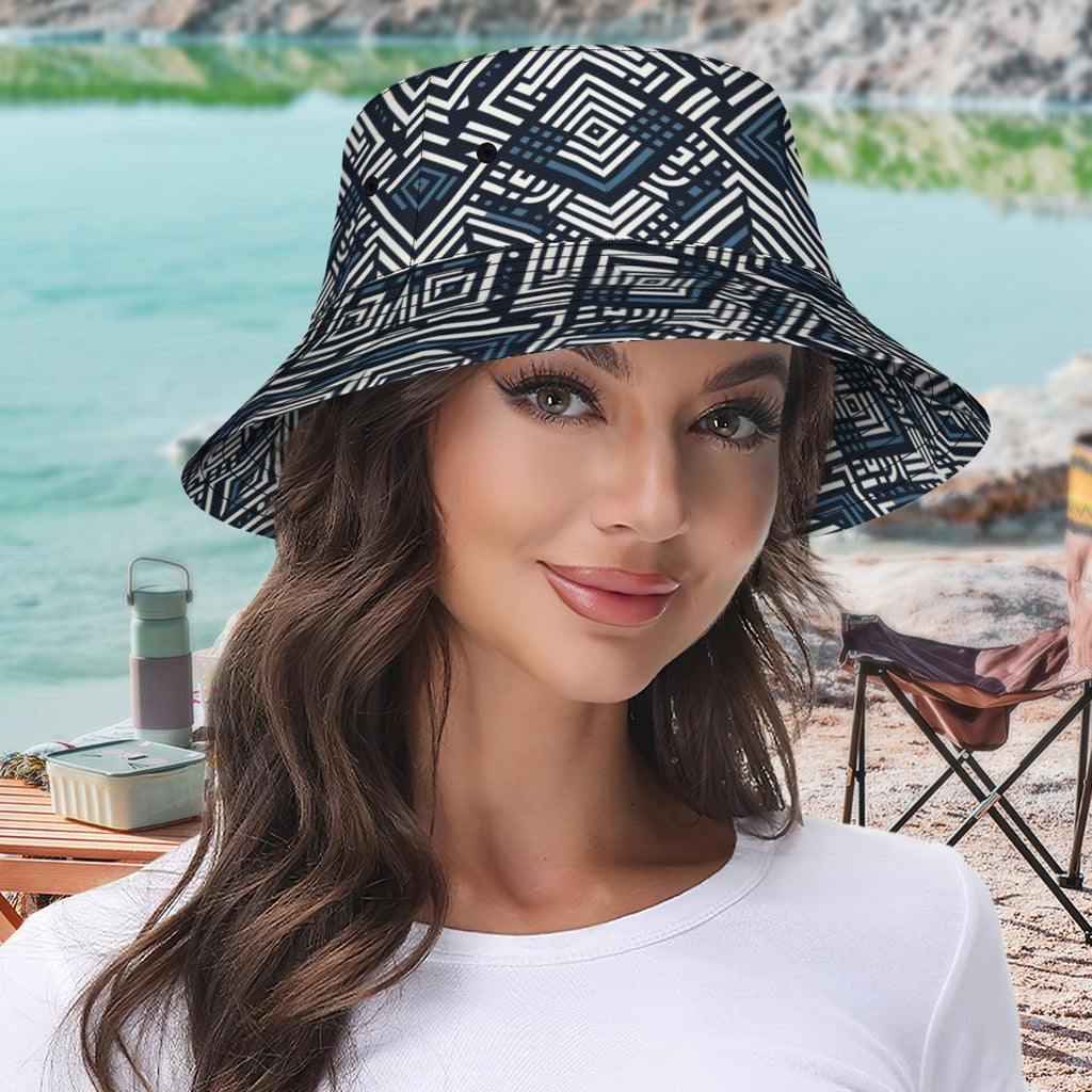 Navy Blue Geometric Shapes Double-Sided Unisex Polyester Bucket Hat