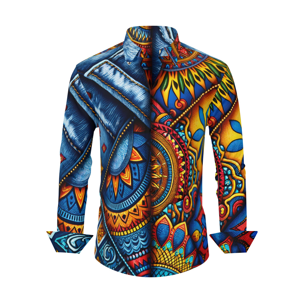 Denim And African Design Long Sleeves Men's Shirt