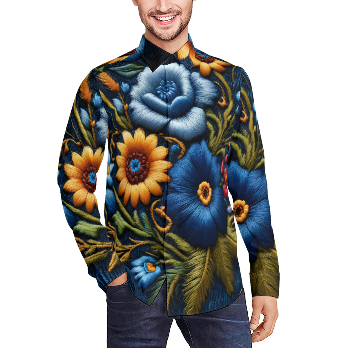 Floral Denim Long Sleeves Men's Shirt