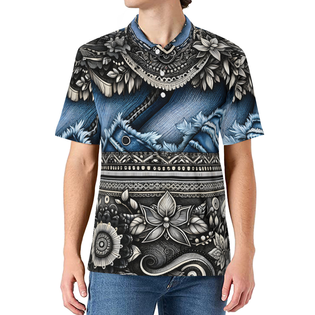 Denim And Leather Design Men's Premium European Size POLO Shirt | 95% Polyester+5% Spandex