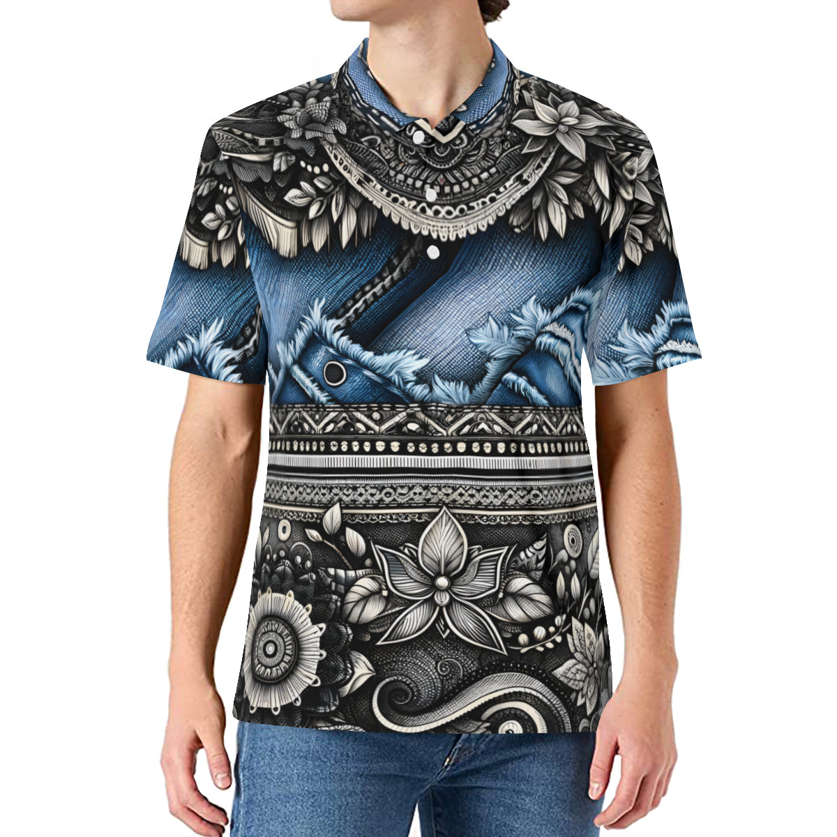Denim And Leather Design Men's Premium European Size POLO Shirt | 95% Polyester+5% Spandex