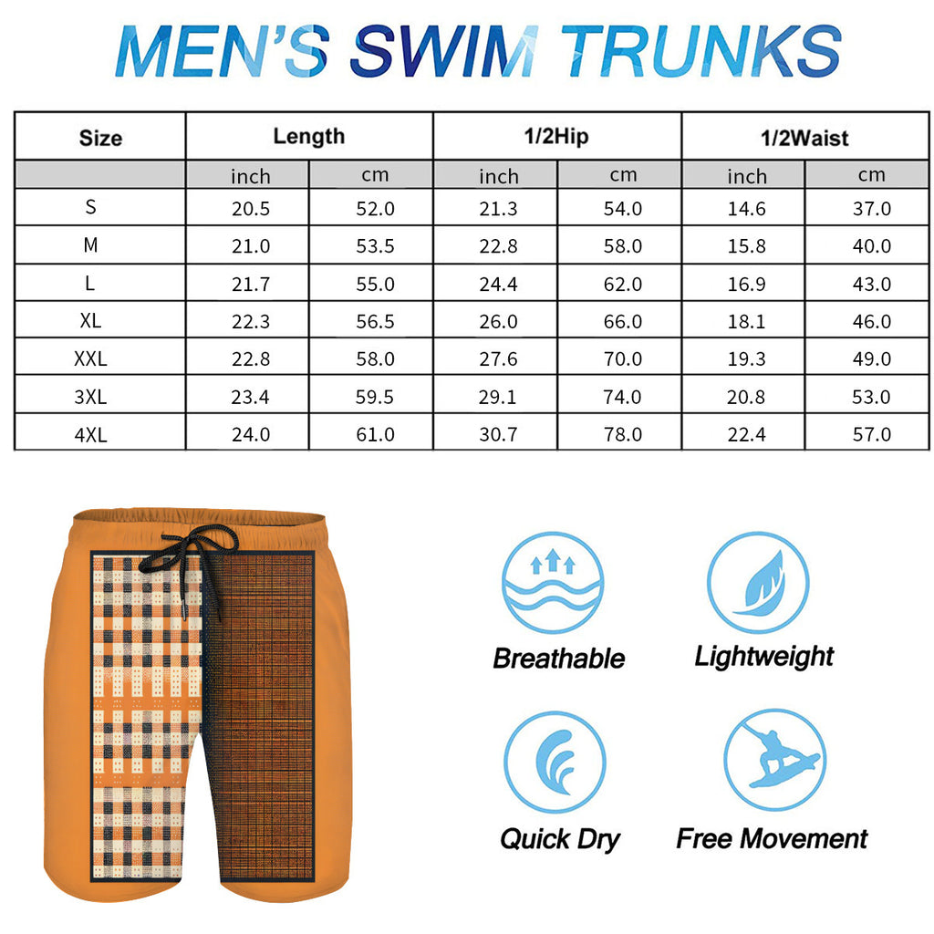 Orange Check Men's Beach Shorts (Not Mesh Lined) | Polyester