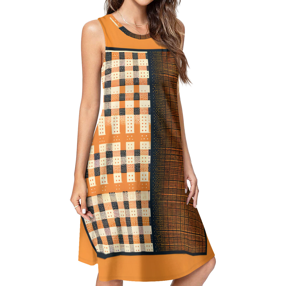 Orange Check Women's Casual Dress | Polyester