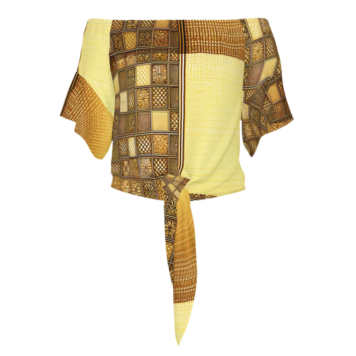 Gold Check One-Shoulder Tie Short Sleeves