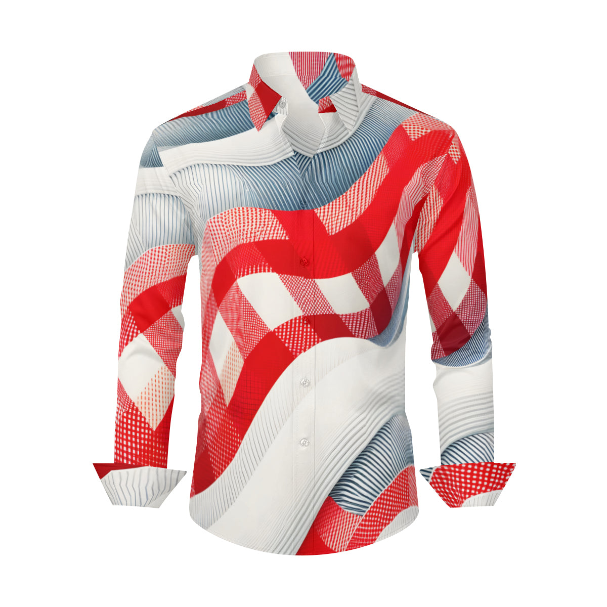 Denim Texture With Bold Red Checks Long Sleeves Men's Shirt
