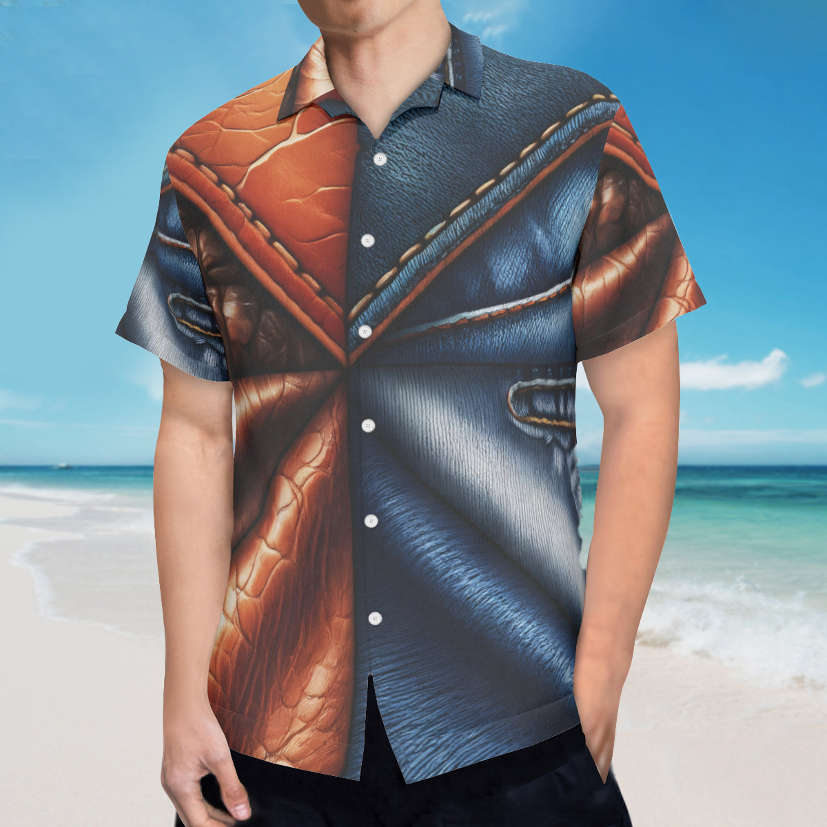 Denim And Leather Design Short Sleeves Men's Shirt
