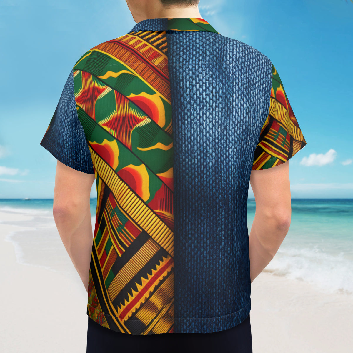 Kente Denim Style Short Sleeves Men's Shirt