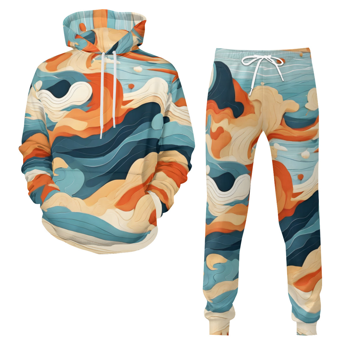 Abstract Waves Men's Adult Hoodie Set (Double-Layer Hood) | Health Fabric