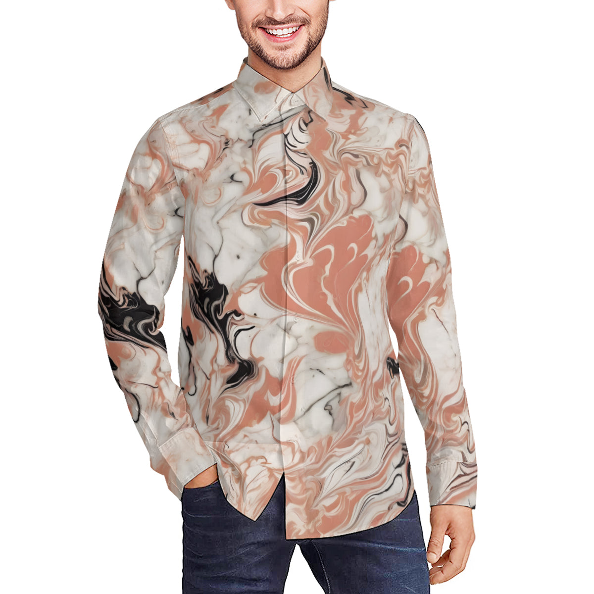 Pink Black Marble Men's Classic Long-Sleeved Shirt | Polyester