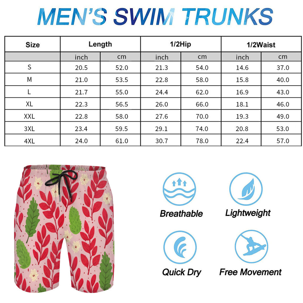 Pink Leaves Men's Beach Shorts (Not Mesh Lined) | Polyester